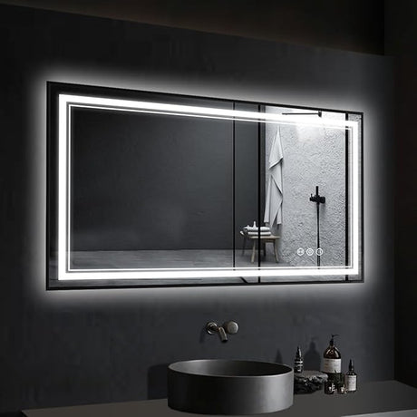 Motion Sensor LED Bathroom Mirror 40" x 32", Black Frame, Front and Backlight, Shatter