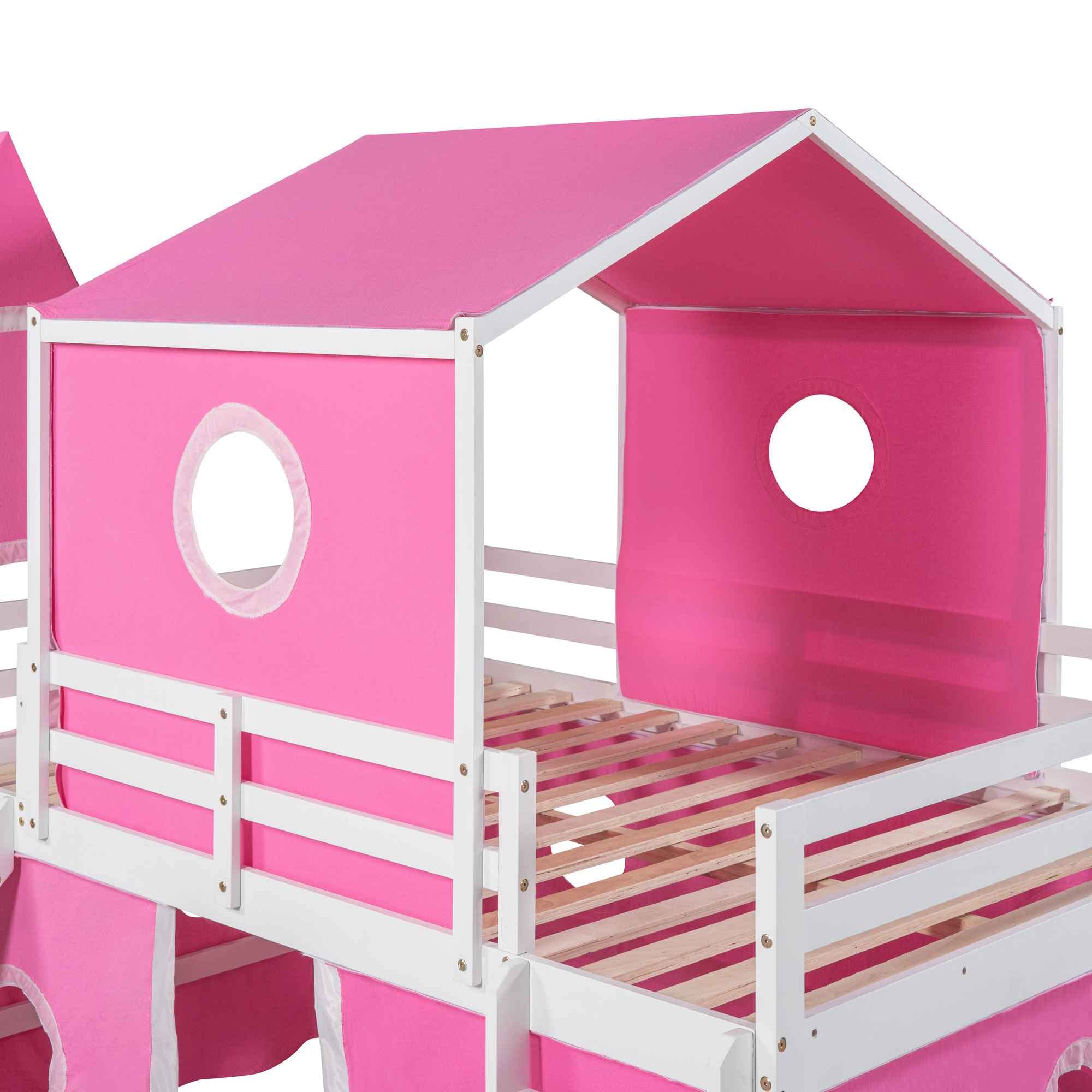 Full Size Bunk Bed with Slide and Tent, House Shaped Loft Bedframe w/Curtains