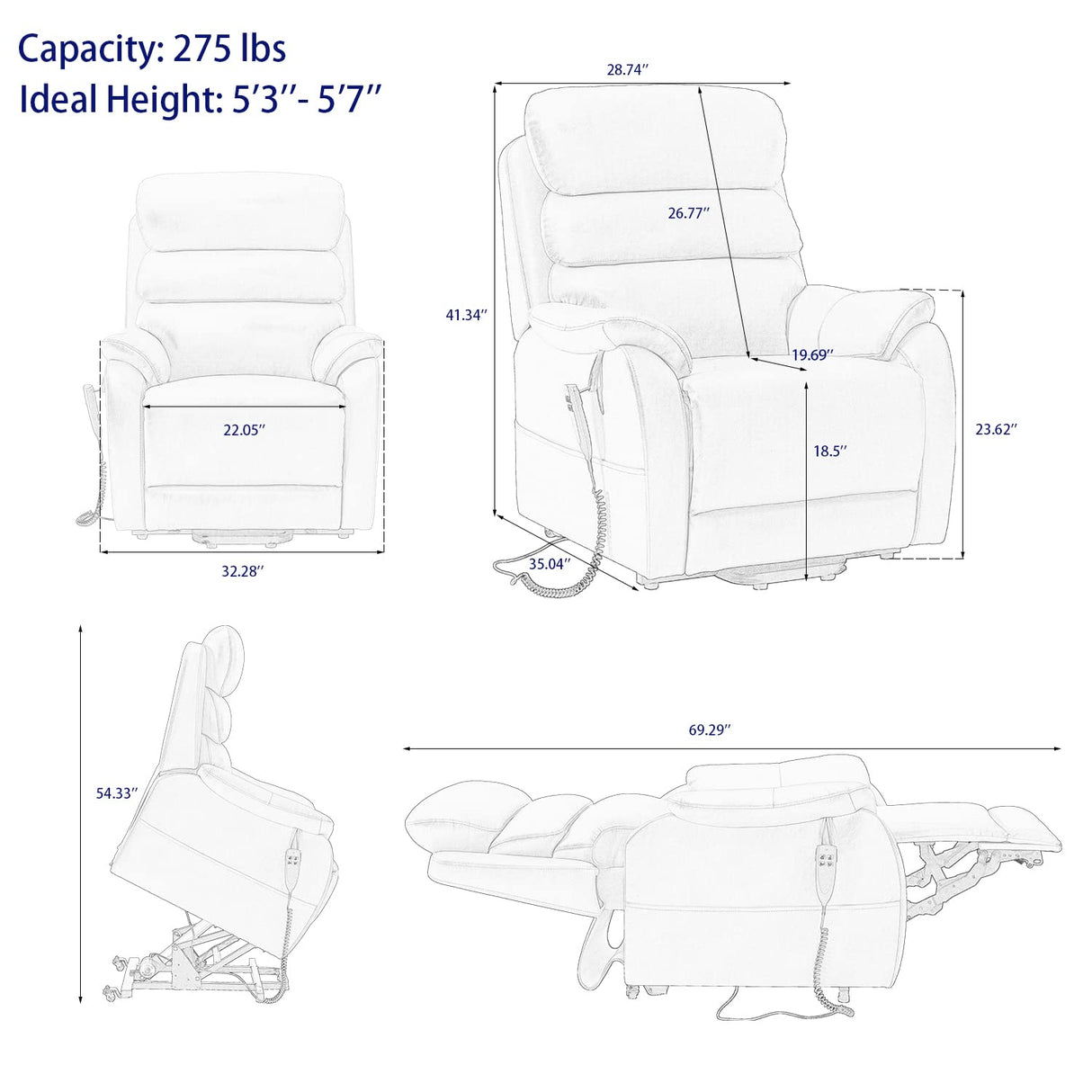 Small Lift Chair Recliner for Short People, Lay Flat Power Lift Sofa with Infinite