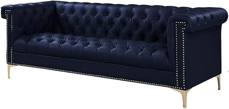 Gold Navy Blue Winston PU Button Tufted with Nail head Trim Tone Metal Sofa