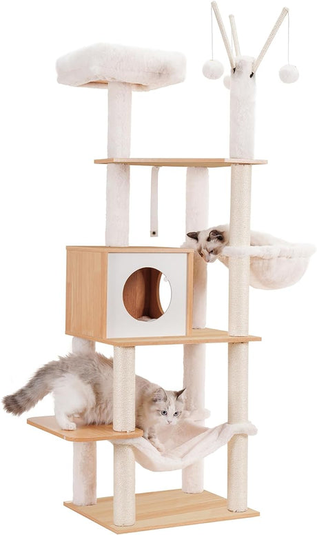 Wooden Cat Tree, 66.1“ Cat Furniture with Scratching Posts, Modern Cat Tower