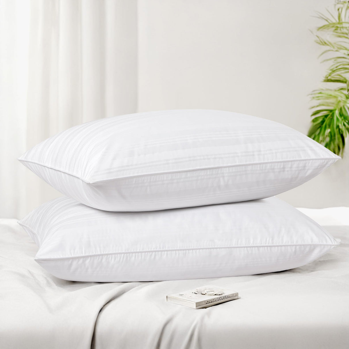 Goose Feather Down Pillow with 2 Pillowcases, Soft Fluffy Medium Firm