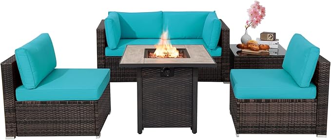 6 Piece Outdoor Rattan Sofa Set with 30in Propane Gas Fire Table