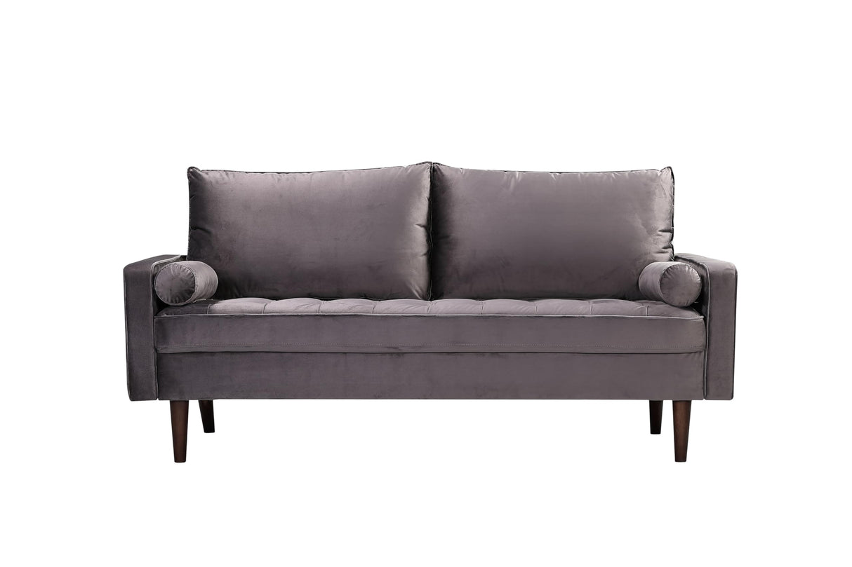 Modern Velvet Backrest Square Armrest Sofa Couch with 2 Pillows for Small Spaces Living Room Grey