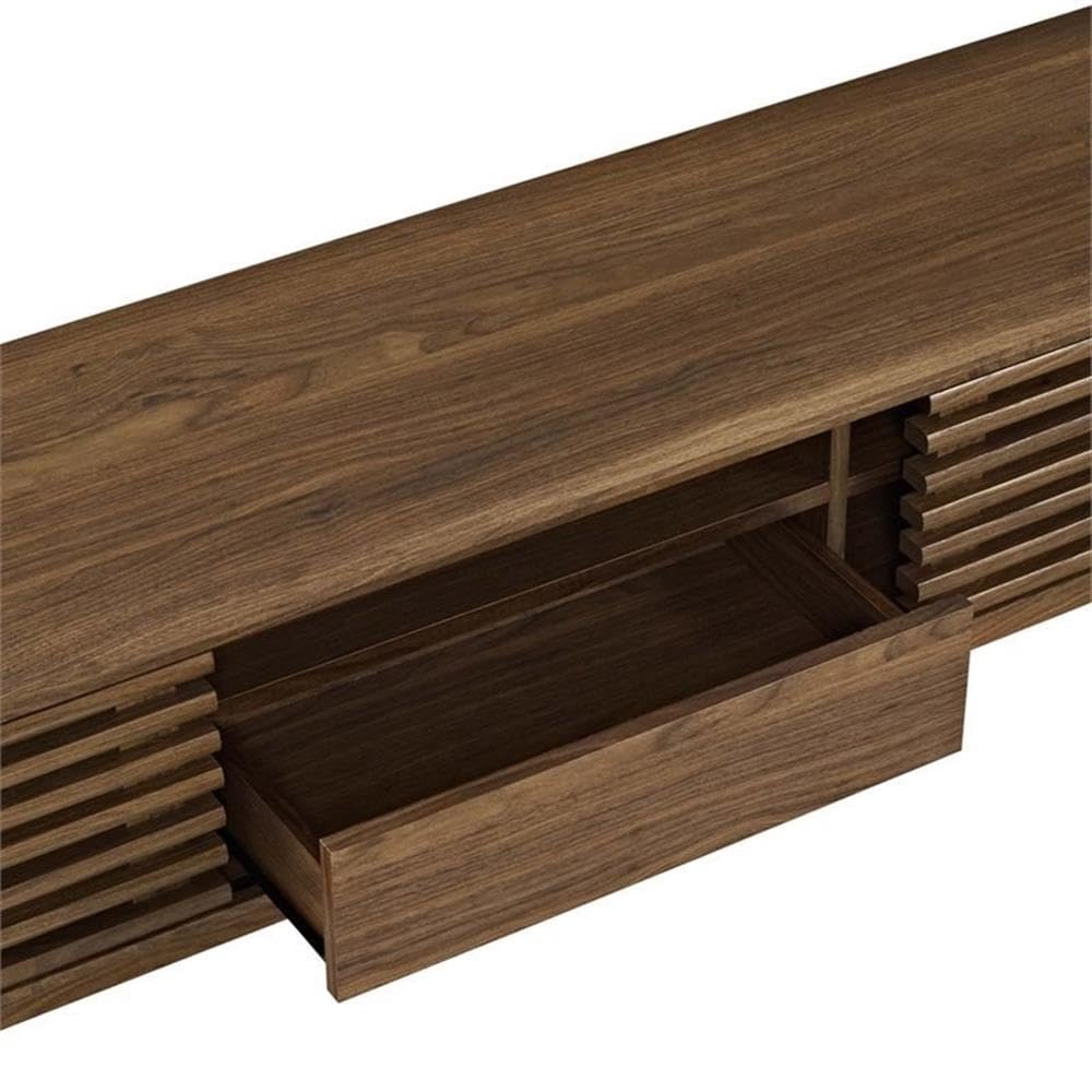 Levan Home Mid Century Modern Low Profile 59" Retro TV Stand with Slatted Shelves in Walnut