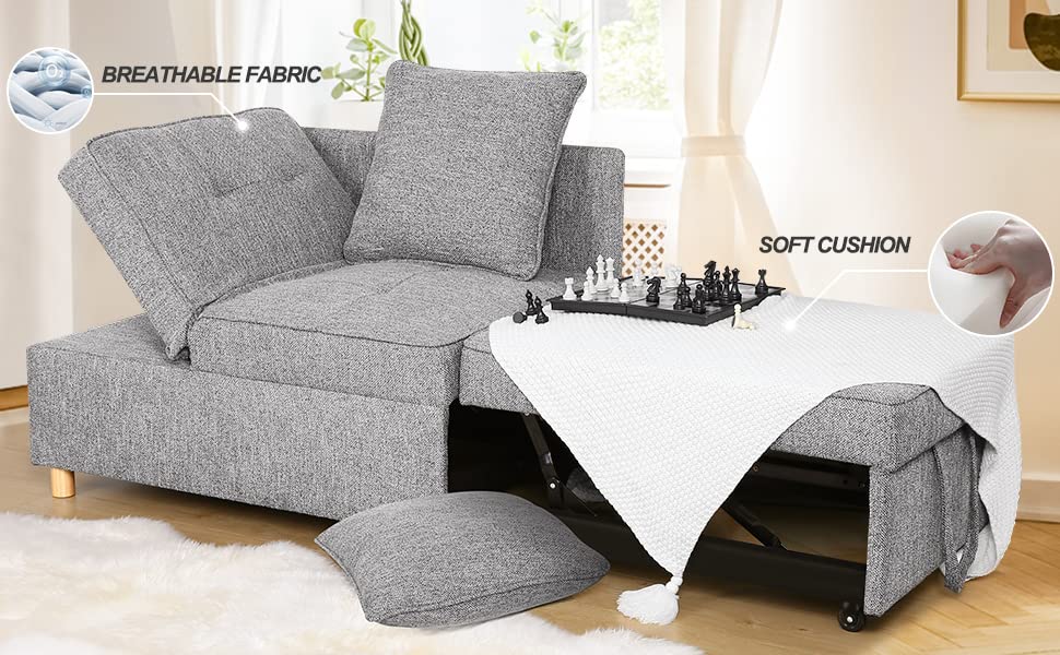 SEJOV Sofa Bed 4-in-1 Convertible Sofas & Couches, 3-Seat Linen Fabric loveseat Sofa with 2 Throw Pillow, Single Recliner for Small Space with 5 Adjustable Backrest, Grey