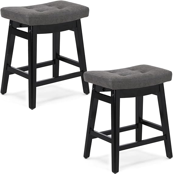 24 Inch Bar Stools Counter Height Set of 2 Solid Wood Legs PU Leather Saddle Soft