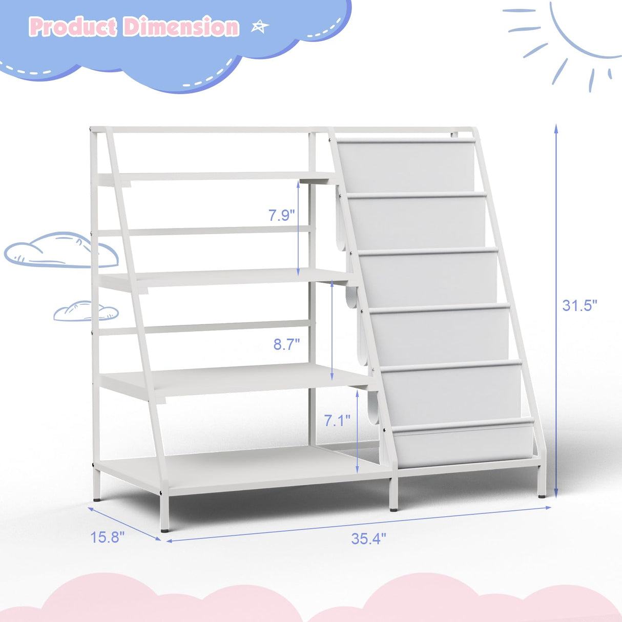 Metal Kid Bookshelf Toy Storage Organizer Montessori Baby Bookcase Small Toddler Book Rack Sling Children Display Shelf Boy Girl Living Bedroom Nursery Playroom Classroom Library (Pure White)