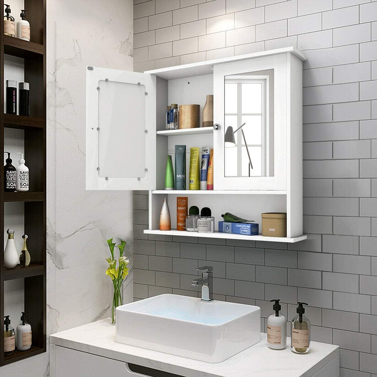 Wall Mounted Bathroom Cabinet w/2 Mirrored Doors, Over-Toilet Hanging Cabinet