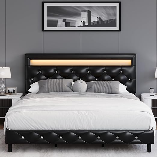 Modern Upholstered Queen Bed Frame with LED Lights, Faux Leather Low Profile Platform