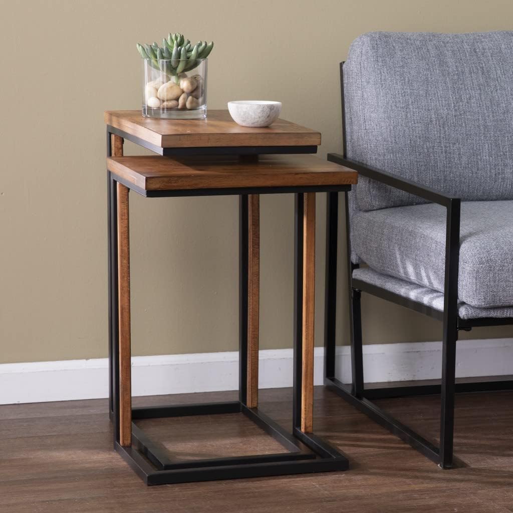 Set of Two 25" Brown Solid Wood Rectangular Nested End Tables