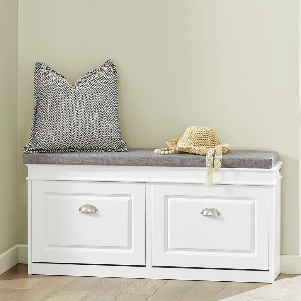 FSR64-W, White Shoe Storage Bench with 2 Flip Drawers & Padded Seat Cushion