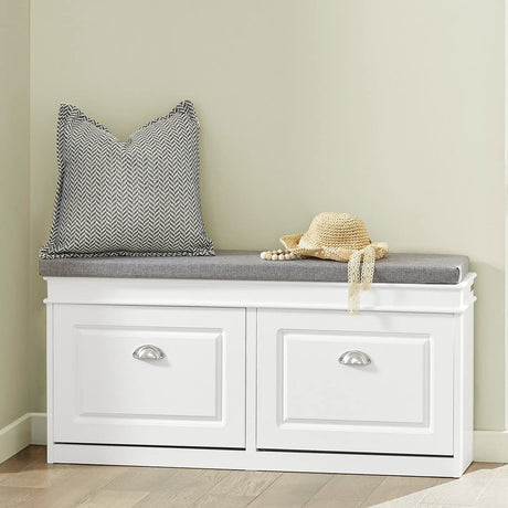 FSR64-W, White Shoe Storage Bench with 2 Flip Drawers & Padded Seat Cushion