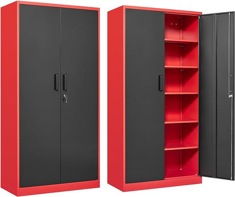 Metal Garage Storage Cabinet with 2 Doors and 5 Adjustable Shelves 71" Pantry Cabinet