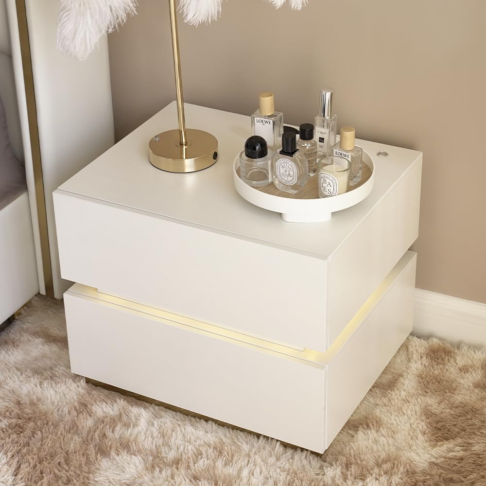 Modern White Smart LED Night Stand with Wireless Charging Station, Bedside Table