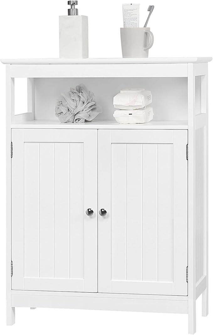 Bathroom Storage Cabinet, Wooden Free-Standing Cabinets Organizer with Adjustable Shelf & Double Doors