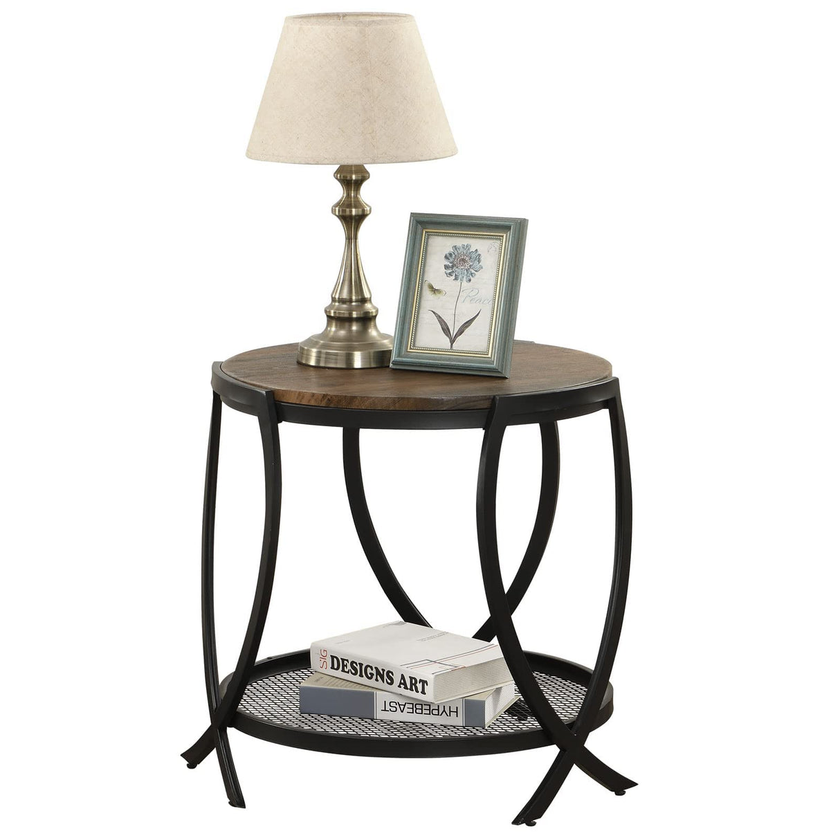 Industrial Round End Table with Storage Shelf, 2-Tier Side Table for Living Room