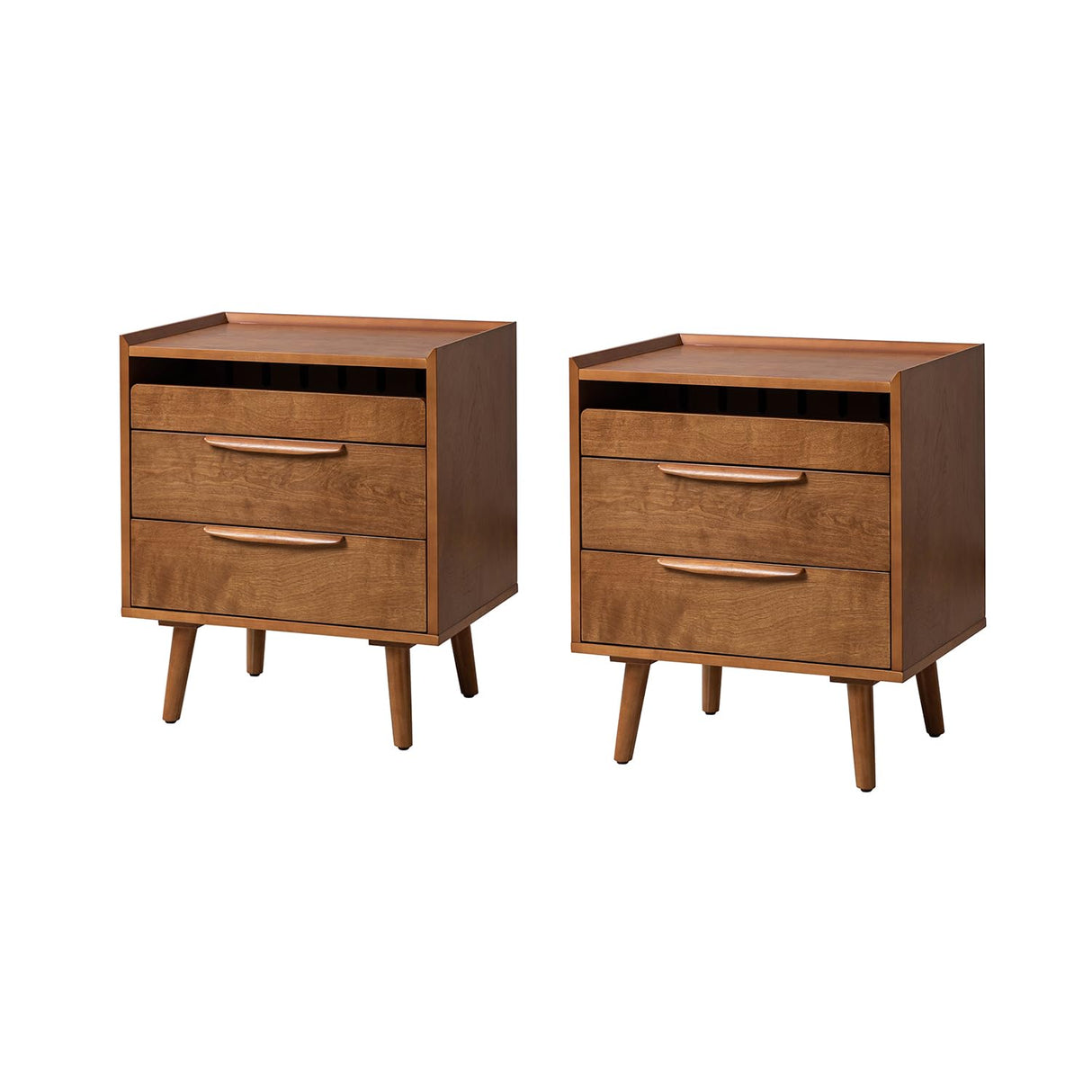Nightstand with Charging Station, Mid-Century Modern 2 Drawer and Open Shelf Bedside