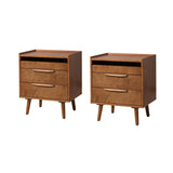 Nightstand with Charging Station, Mid-Century Modern 2 Drawer and Open Shelf Bedside