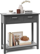 Console Table with Storage, Wooden Small Entryway Table with 2 Drawers, Open Storage