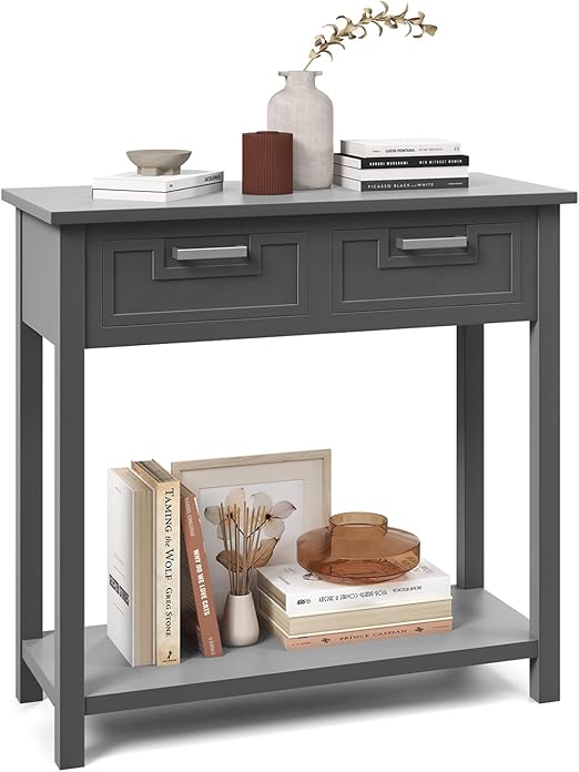 Console Table with Storage, Wooden Small Entryway Table with 2 Drawers, Open Storage