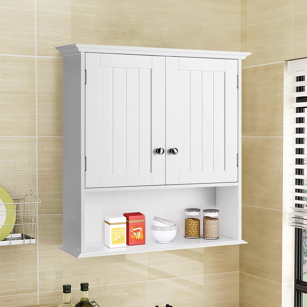 Bathroom Wall Cabinet, Wooden Hanging Storage Cabinet with Doors & Shelves,