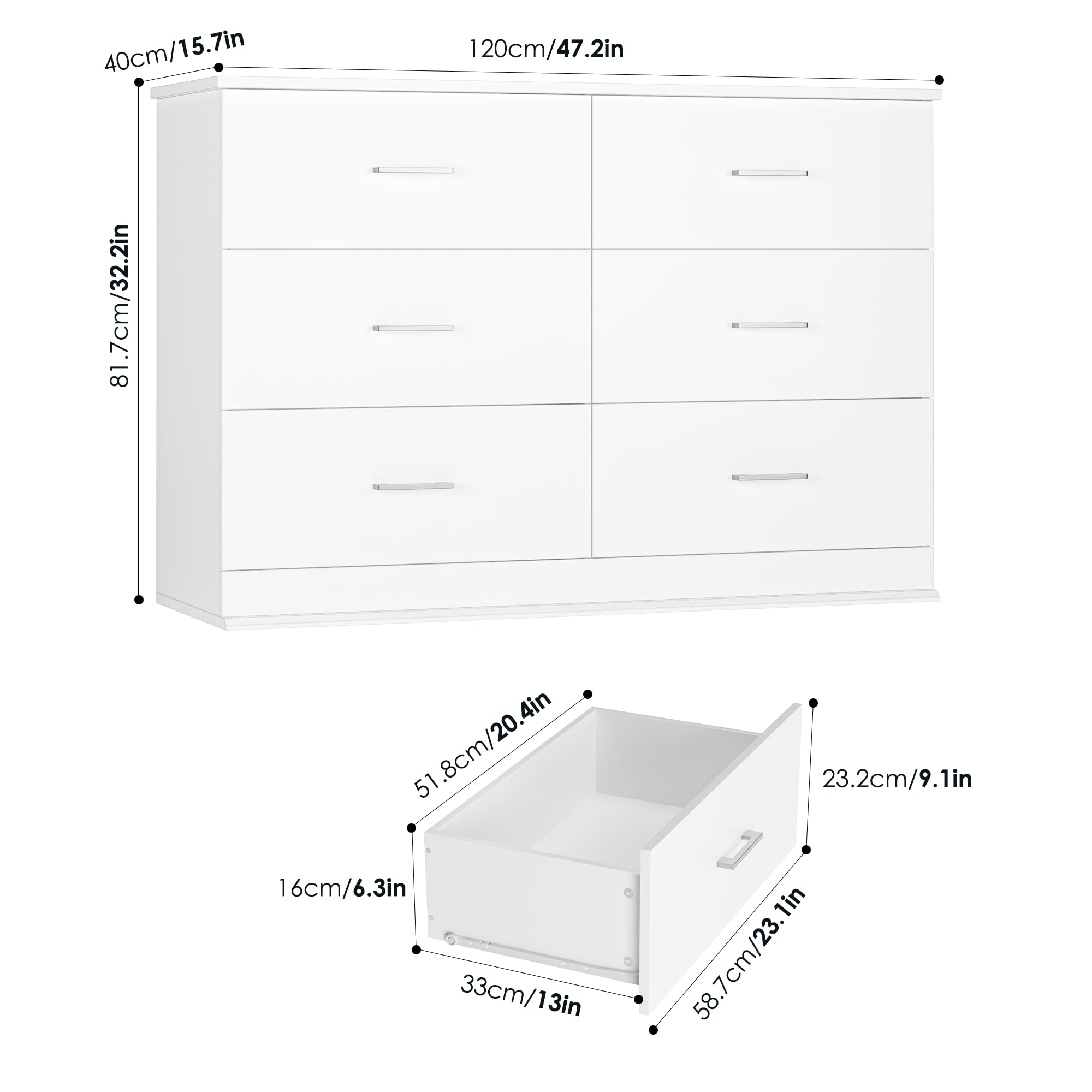 White Dresser, 47.2'' Large 6 Drawer Dresser Wide Chest of Drawers for TV Stand