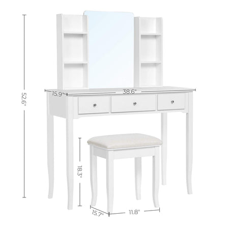 Vanity Set Makeup Dressing Table with Mirror, Cushioned Stool, for Bedroom, 38.6 x 15.9 x 52.6 Inches, White