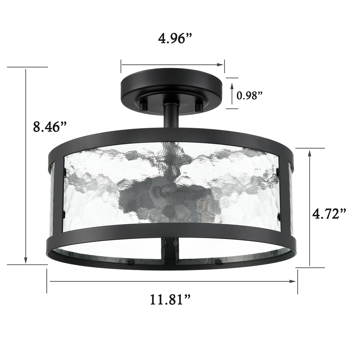 Farmhouse Semi Flush Mount Ceiling Light Black Light Fixtures Ceiling Mount 2-Light with Hammered Glass for Bedroom Kitchen Bathroom Entryway Proch