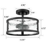 Farmhouse Semi Flush Mount Ceiling Light Black Light Fixtures Ceiling Mount 2-Light with Hammered Glass for Bedroom Kitchen Bathroom Entryway Proch