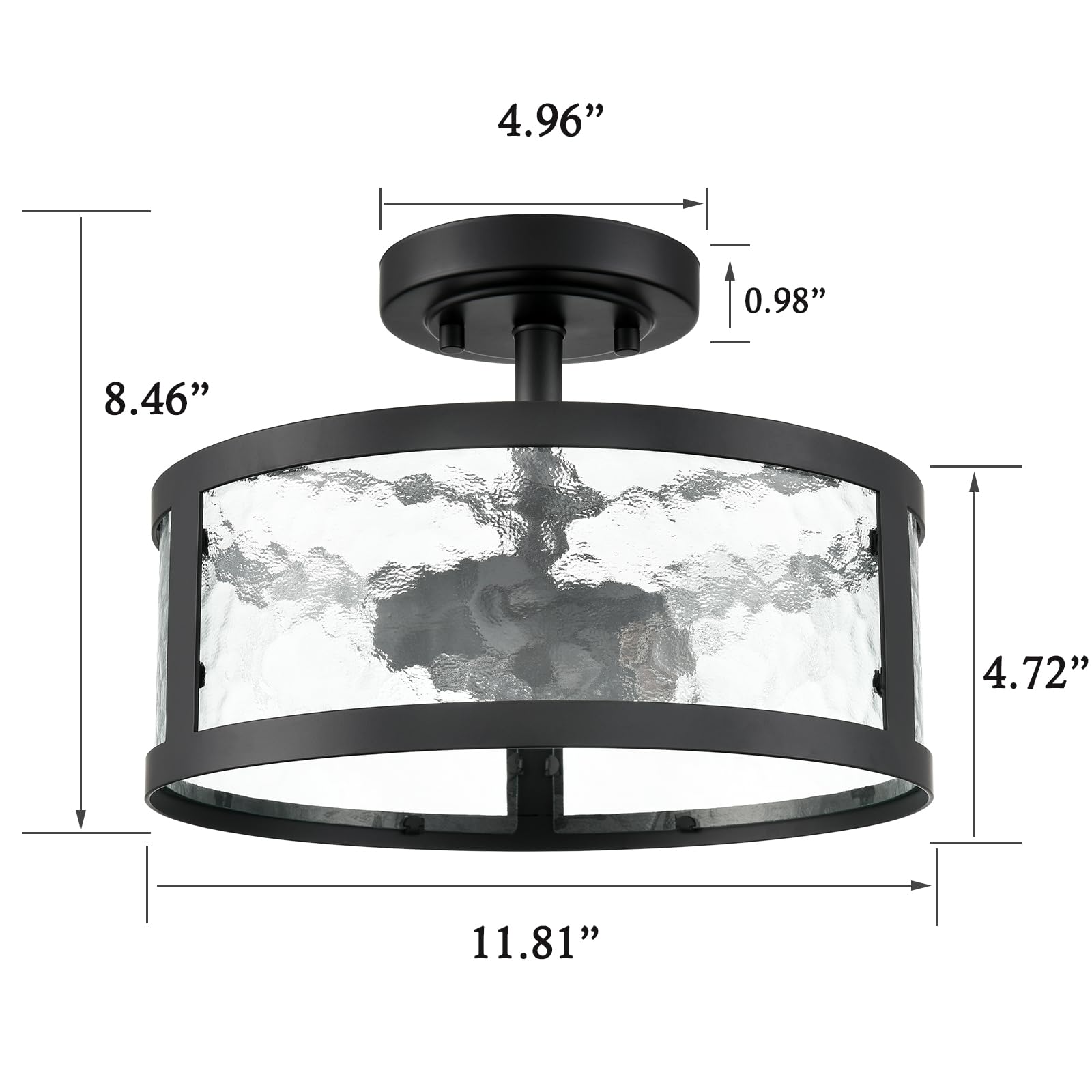 Farmhouse Semi Flush Mount Ceiling Light - 2-Light Black Fixture with Hammered Glass