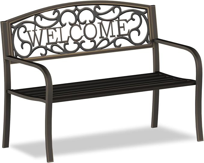 On Shine 50'' Outdoor Bench Weatherproof, Cast Iron All Metal Frame Garden Bench