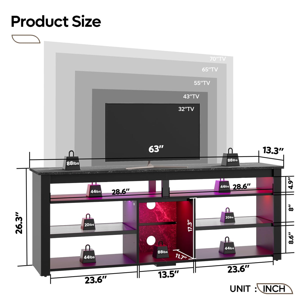 70 Inch TV Stand with LED Lights - Modern Entertainment Center with Storage