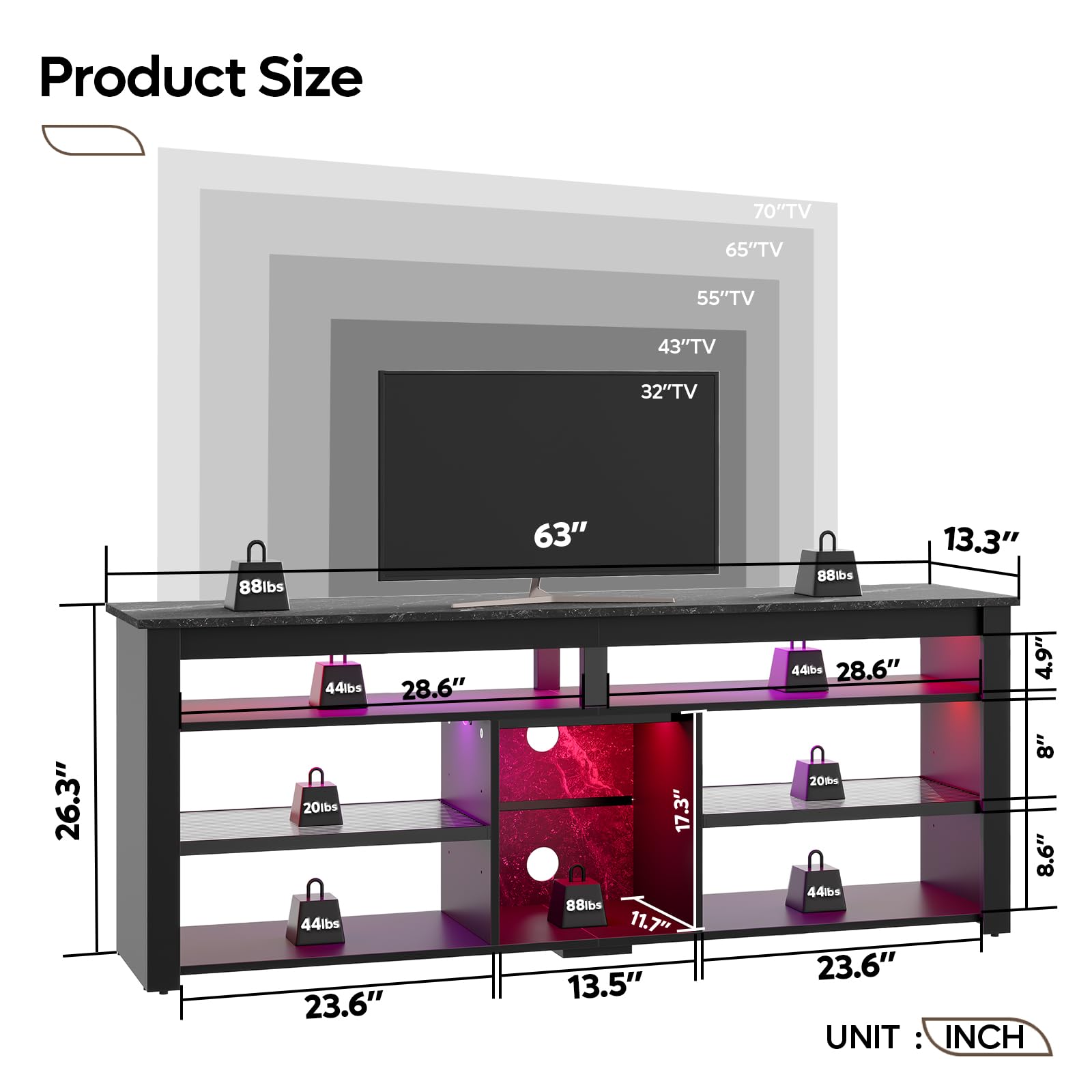 70 Inch TV Stand with LED Lights - Modern Entertainment Center with Storage