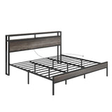 King Size Bed Frame Industrial Platform Bed with Charging Station, 2-Tier Storage