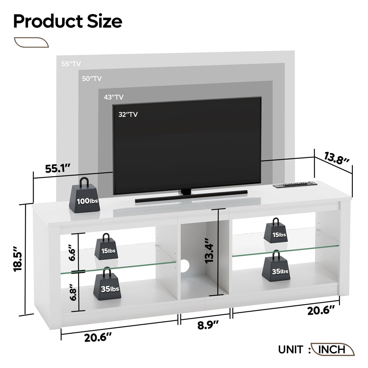 LED TV Stand for 55-65 Inch TVs with Power Outlets