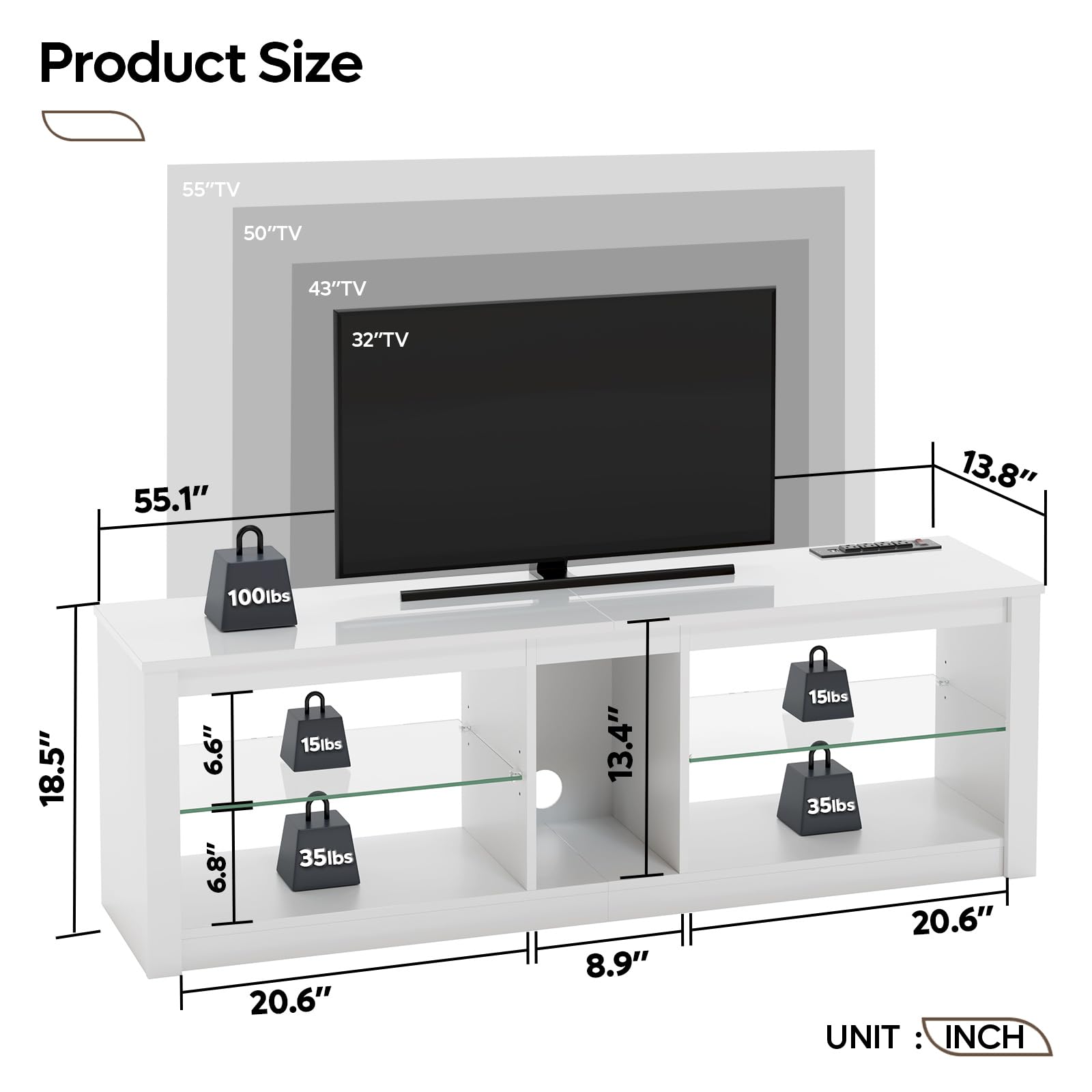 LED TV Stand for 55-65 Inch TVs with Power Outlets