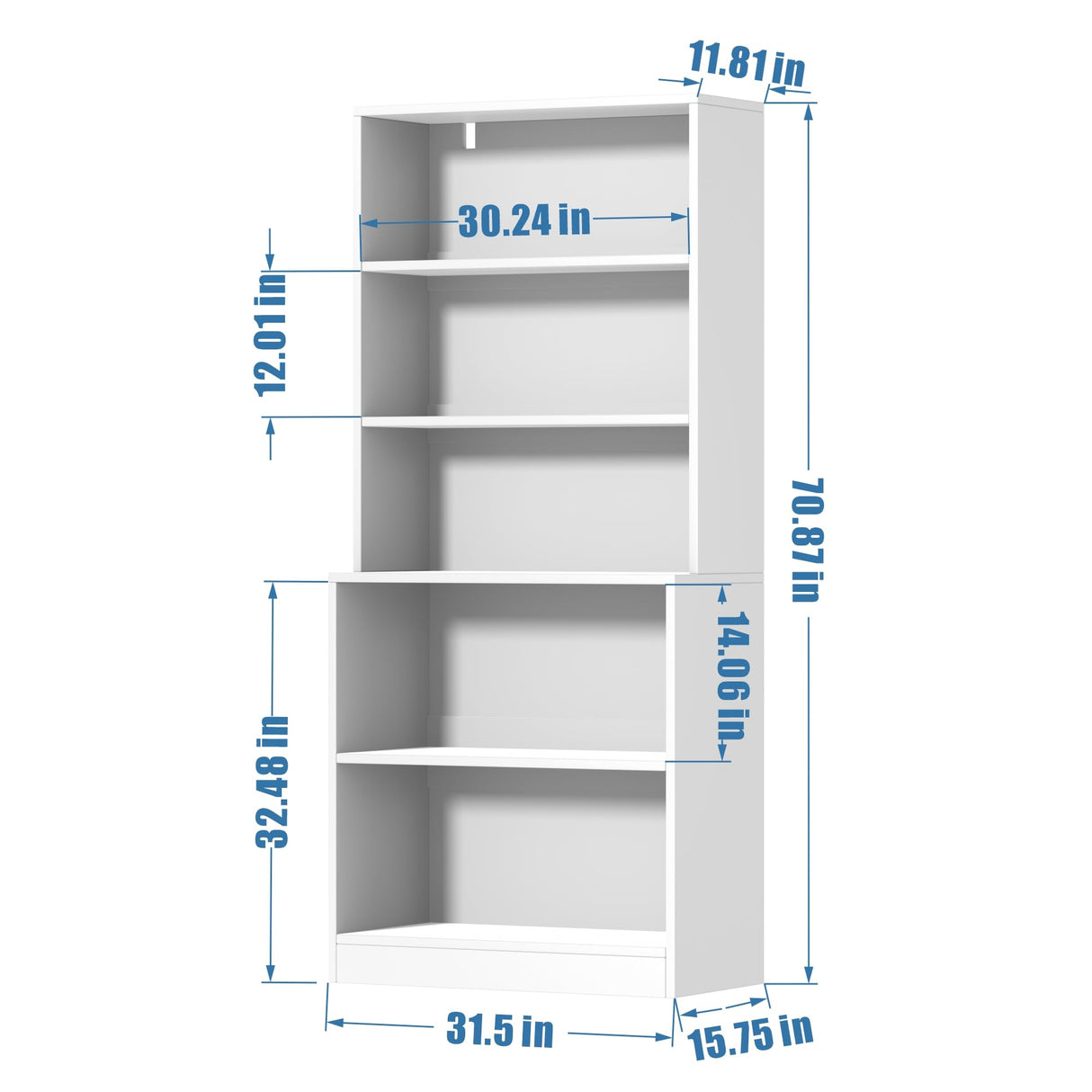 holzart 71" Tall Book Shelf, 5 Tier Large Bookshelf, Standing Wood Display Book Shelf for Living Room, Office, Library with Doors, 31.5" W x 70.87" H x 15.7" D, White