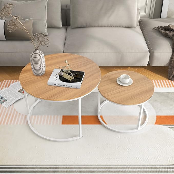 Industrial Round Coffee Table Set of 2 End Table for Living Room