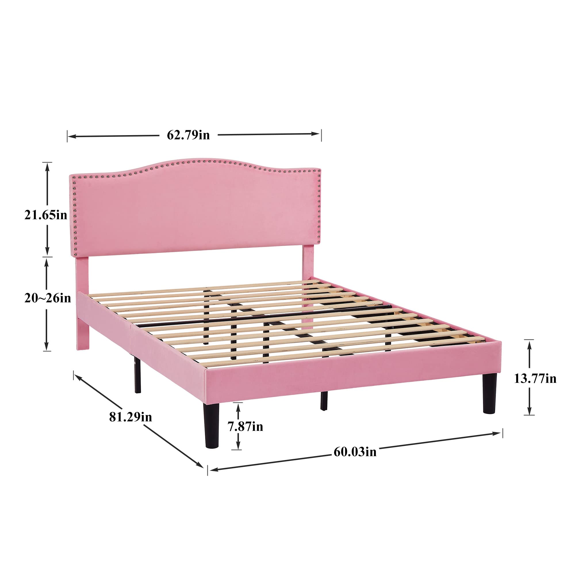 VECELO Queen Bed Frame Platform Bed Frame with Upholstered Headboard, Strong Frame and Wooden Slats Support, Strong Weight Capacity, Non-Slip and Noise-Free, Easy Assembly,Pink