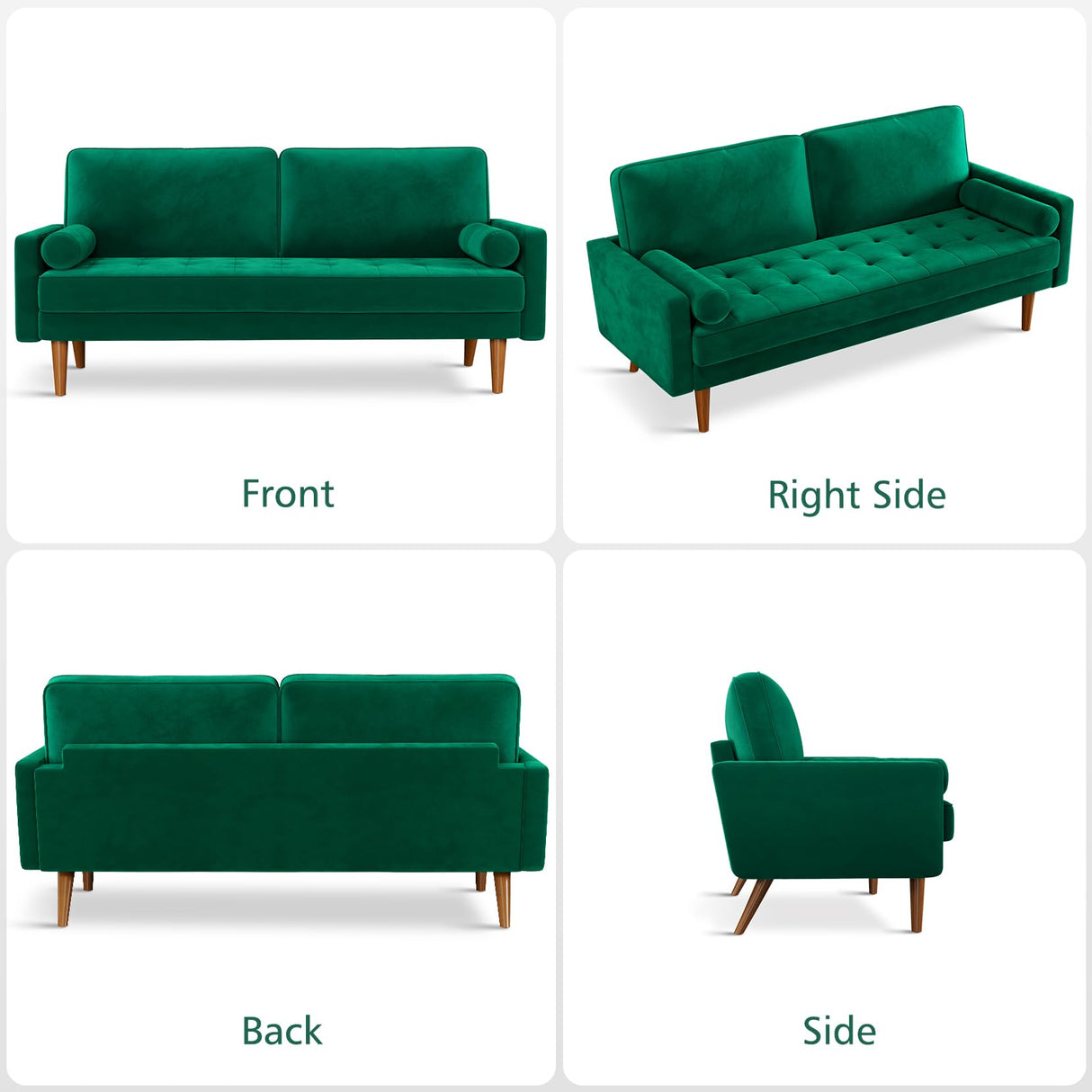 Loveseat Sofa, 70" Green Velvet Couch, Mid Century Modern Couch with Tufted Seat