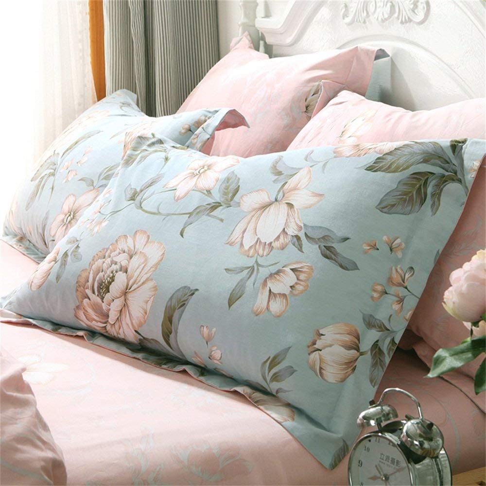 Shabby Pink Blue Floral Bedding Sets Cotton Duvet Cover Set 4-Piece Queen Size