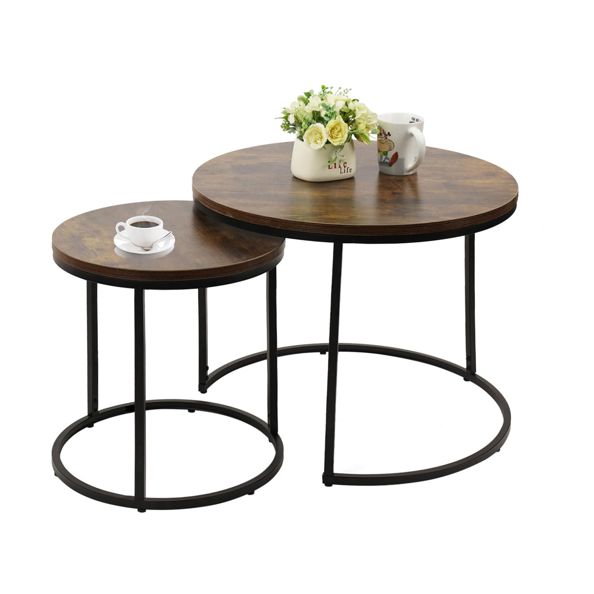Round Coffee Table Set of 2, Nesting Stackable Coffee Tables Wood Top