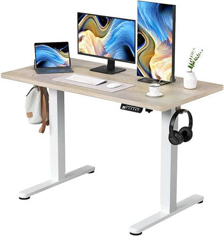 White Standing Desk, 48 X 24 Inch Adjustable Height Electric Desk, Sit Stand Desk with Splice Board and 2 Hooks