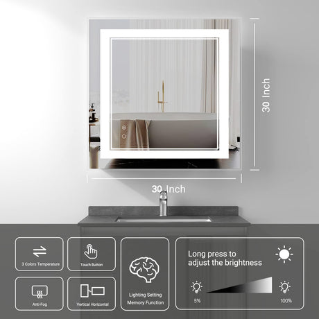 30" x 30" LED Bathroom Mirror, Bathroom Mirror with Lights, LED Mirror for Bathroom,