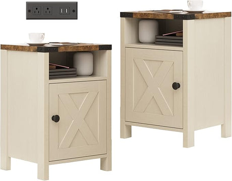 Nightstand Set of 2 with Charging Station,Industrial Bedside Table with Storage Living Room