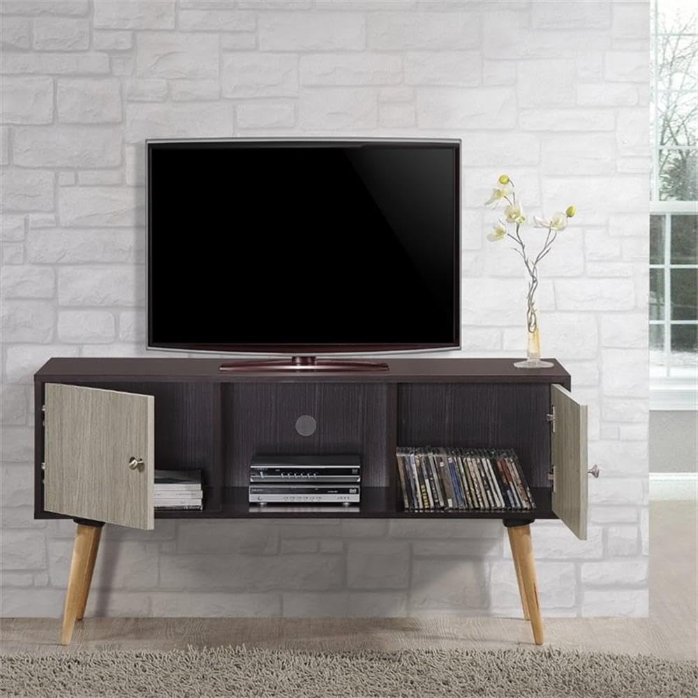 TV Stand with Two Storage Doors, and Solid Wood Legs, Chocolate