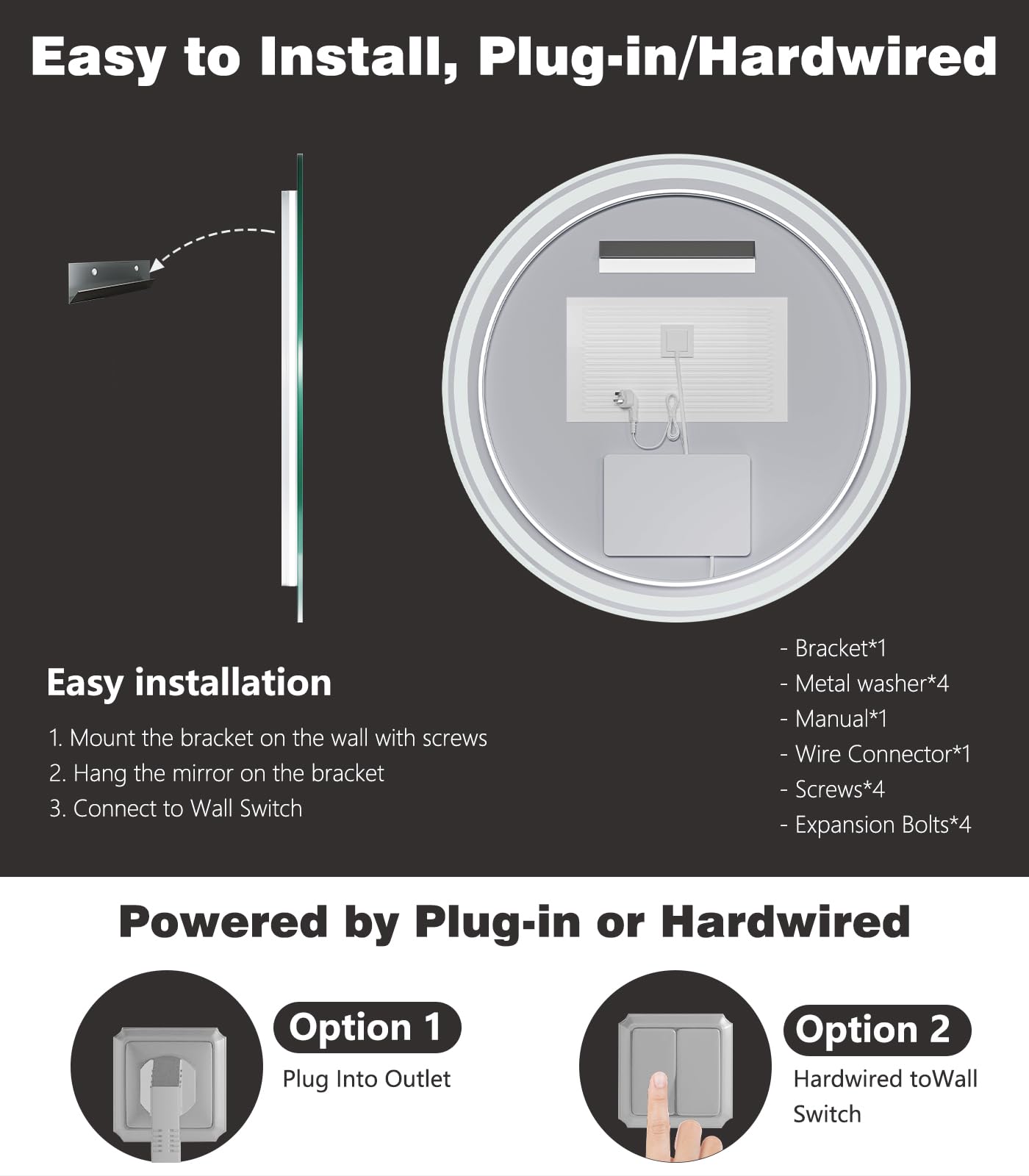 32" Round LED Bathroom Mirror - Dimmable with 3 Color Modes