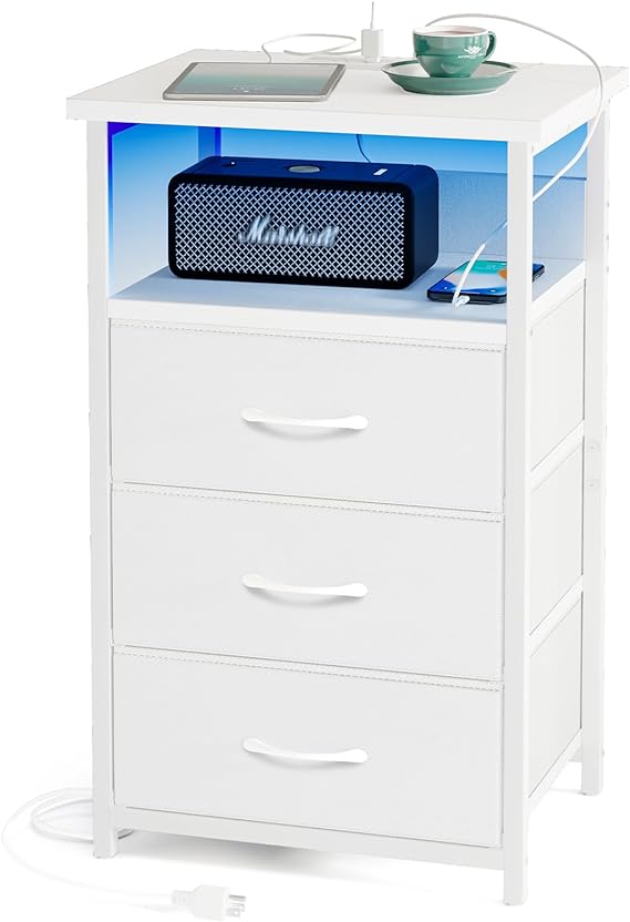 Night Stand with Charging Station, LED Nightstand with USB Ports and Outlets