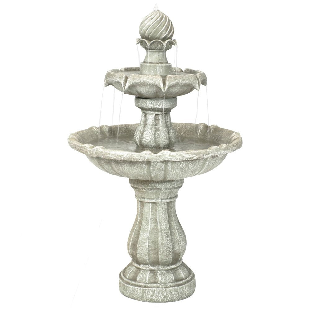 35" 2-Tier Solar Water Fountain - Outdoor Water Fountain with Battery Backup and Pump - White